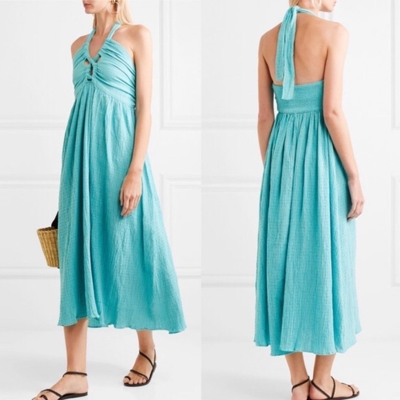 Mara Hoffman Swim Annika Searsucker Halter Tie Cutout Blue Smocked S Dress - Picture 1 of 16